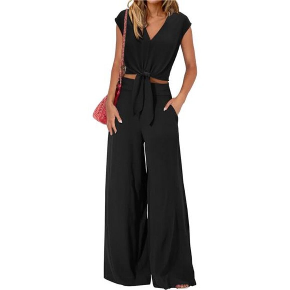 Women's Summer 2 Piece Outfits 2025 Cap Sleeve V Neck Belted Crop Top